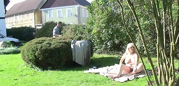  Her hubby fucks busty blonde mother in law outside